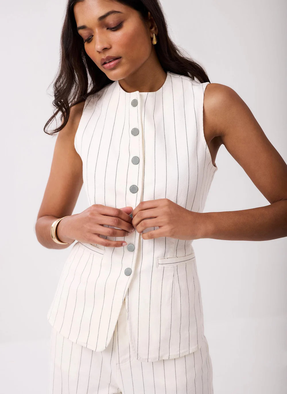 White Pinstripe Denim Waistcoat | Mint Velvet