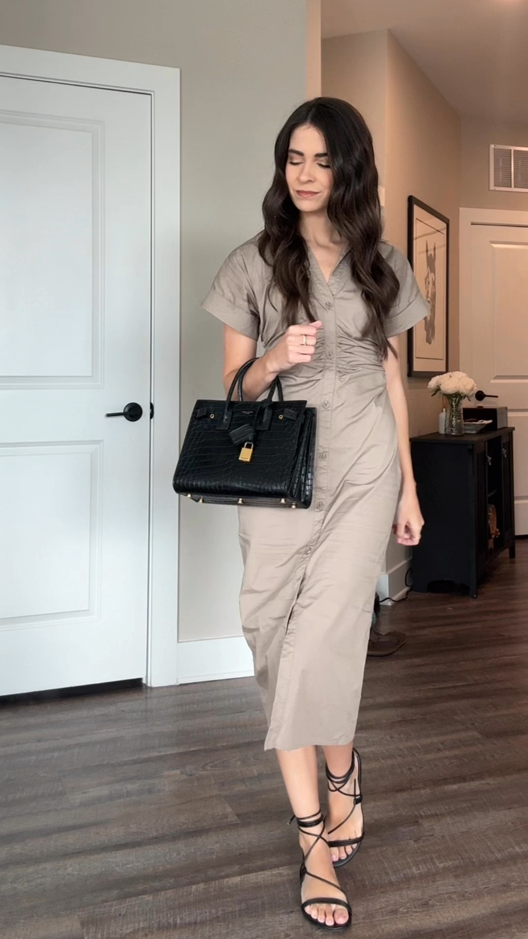 Work outfit, office style, midi dress, shirt dress, wrap sandal, black sandals, YSL bag, crocodile bag, shirt dresses, what to wear to work, work outfit inspo, office outfits, business casual 

#LTKShoeCrush #LTKWorkwear #LTKFindsUnder100