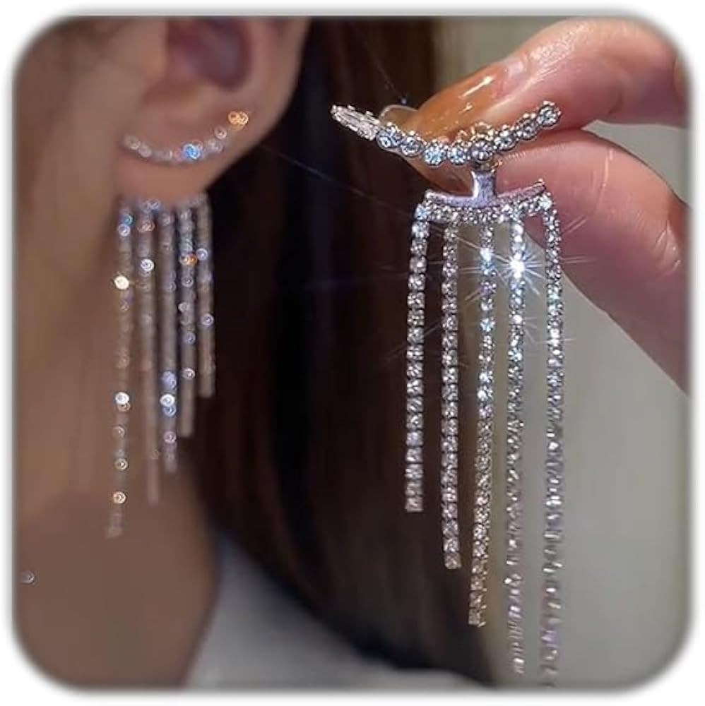 Silver Rhinestone Tassel Earrings for Women Long Tennis Prom Earrings Crystal Chain Dangle Earrin... | Amazon (US)