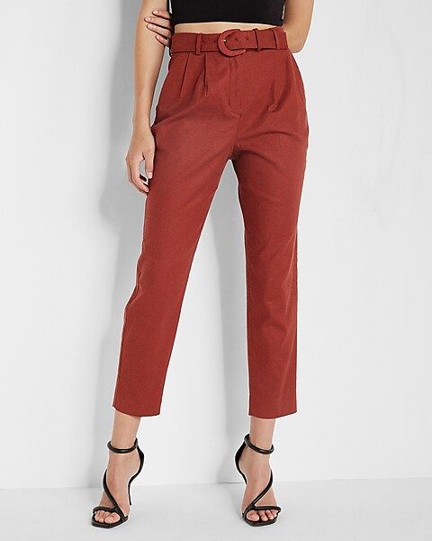 Super High Waisted Linen-Blend Belted Ankle Pant | Express