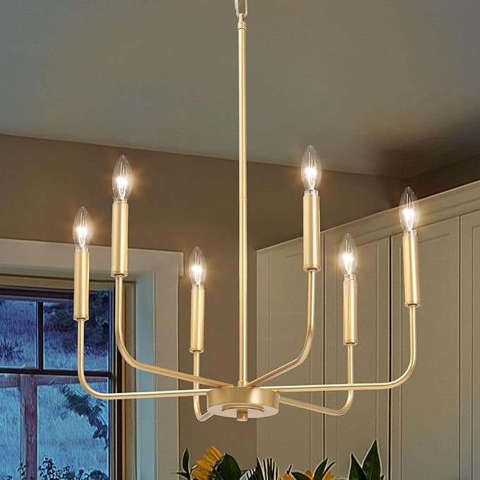 LALUZ Gold Chandelier, 6-Light Modern Farmhouse Dining Room Chandelier Over Table, 19.7'' Candles... | Amazon (US)