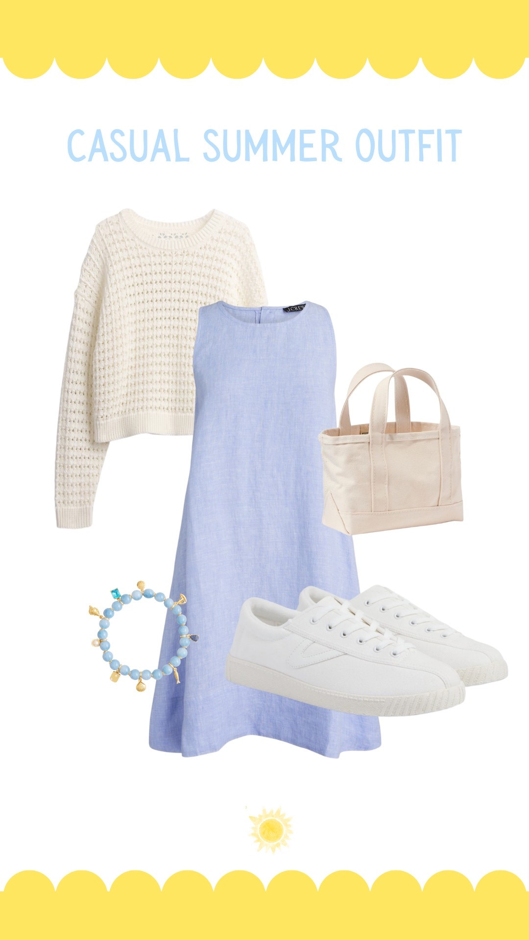 Casual summer outfit: light blue linen dress, tretorn sneakers, knit sweater, boat and tote and charm bracelet 

Dress runs TTS! On sale under $70!! 

Linen dress, blue and white outfit, preppy, preppy outfit, casual outfit, casual style, summer outfit, New England summer, mini boat and tote, white sneakers, resort wear

