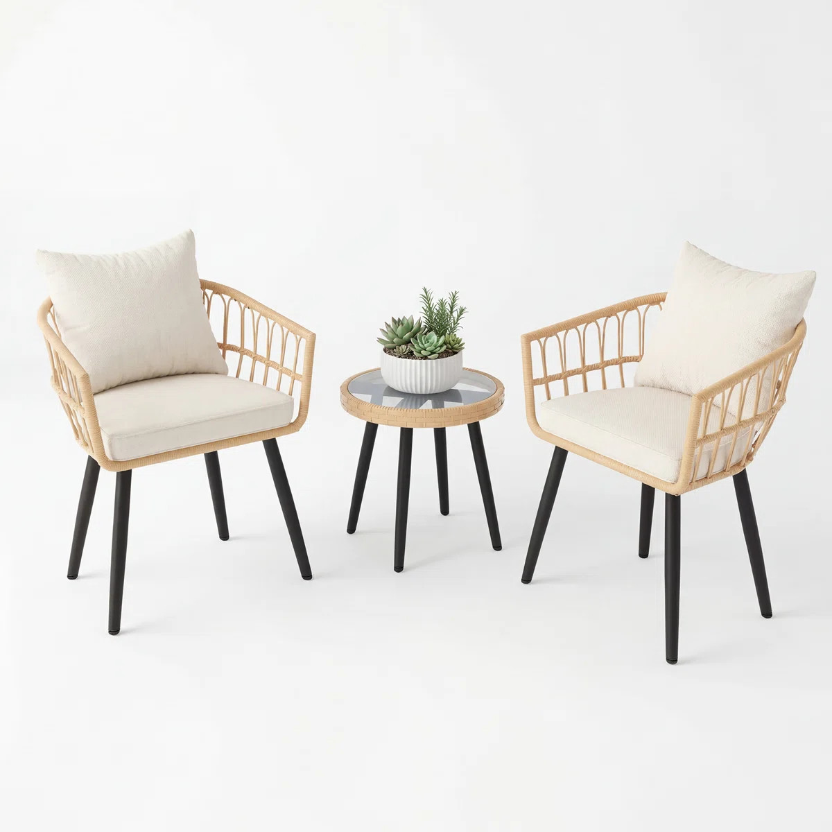 3-piece Outdoor Pe Rattan Bistro Set, All-weather Wicker Chat Set With 2 Armchairs, Cushions And ... | Wayfair North America
