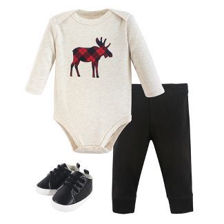 Hudson Baby Infant Boy Cotton Bodysuit, Pant and Shoe 3pc Set, Plaid Moose | Target
