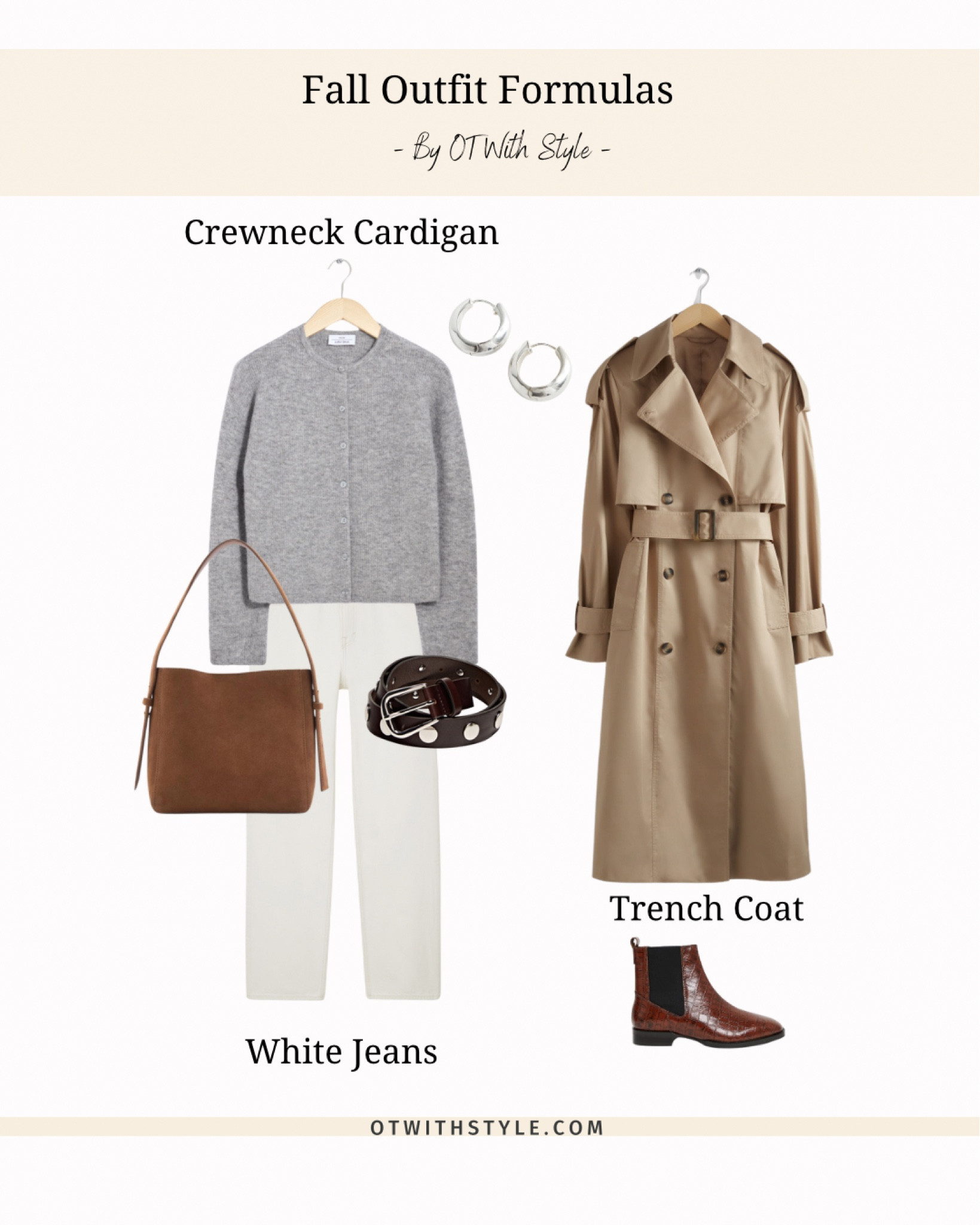 Fall outfit formulas- grey cardigan, white jeans and a trench coat 🤎🩶🤍 suede bag and studded belt 

#LTKautumn #LTKuk #LTKstyletip