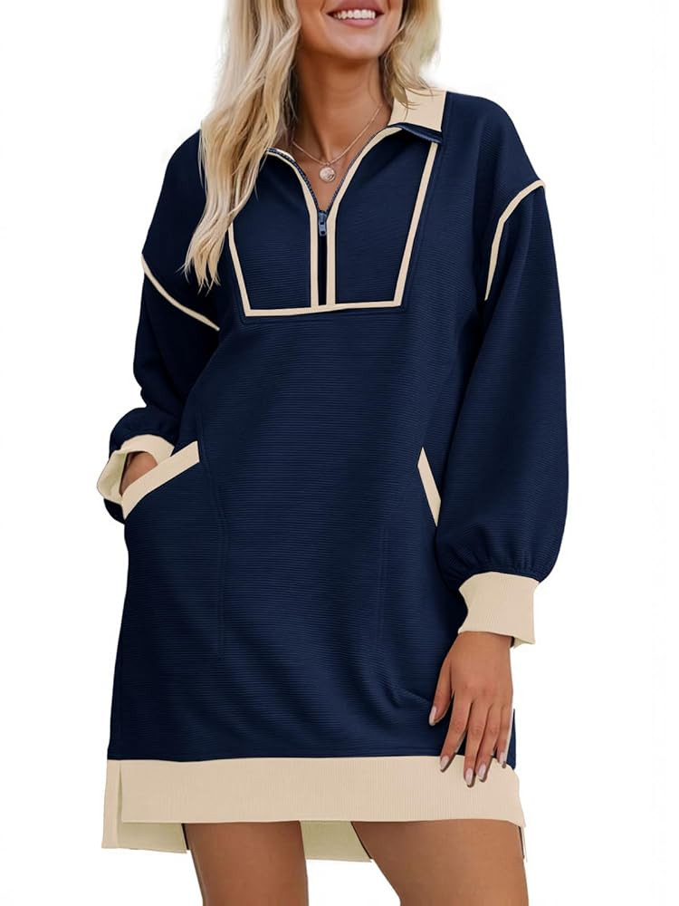 Wenrine Women's Oversized Sweatshirt Dress Half Zip V Neck Long Sleeve Contrast Fall Casual Mini ... | Amazon (US)