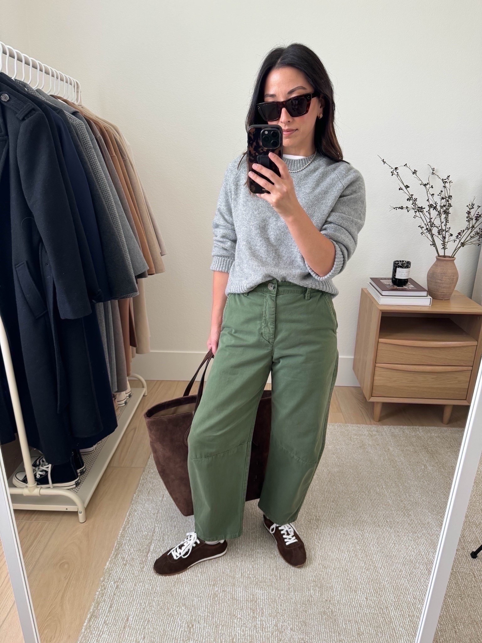 Early fall outfit with a sweater and barrel green pants. These are my current favorite green barrel pants. Subtle but also no hemming necessary. 

Everlane cashmere sweater xs
Everlane tee medium
Velvet pants 2
Dolce Vita sneakers 6, size up. 
Celine sunglasses 
Dorsey James necklace 15”
Liffner Sprout tote 

Fall outfits, fall style, petite style, sneakers 



#LTKPetite #LTKSaleAlert #LTKShoeCrush