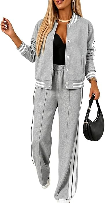 CHICME Women's 2 Piece Striped Baseball Jacket and Wide Leg Sweatpants Set | Amazon (US)