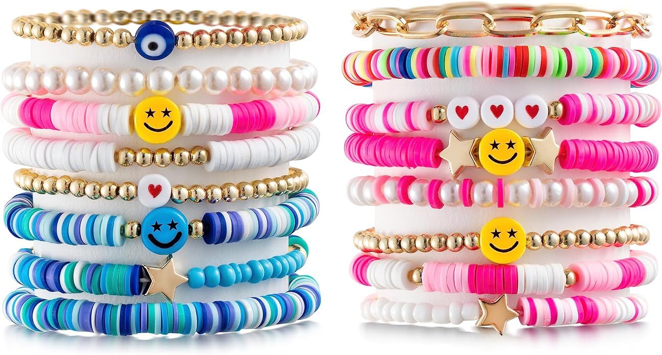 LieToi Preppy Heishi Bracelets Set Colorful White Gold Smile Heart Star Evil Eye Beaded Polymer C... | Amazon (US)
