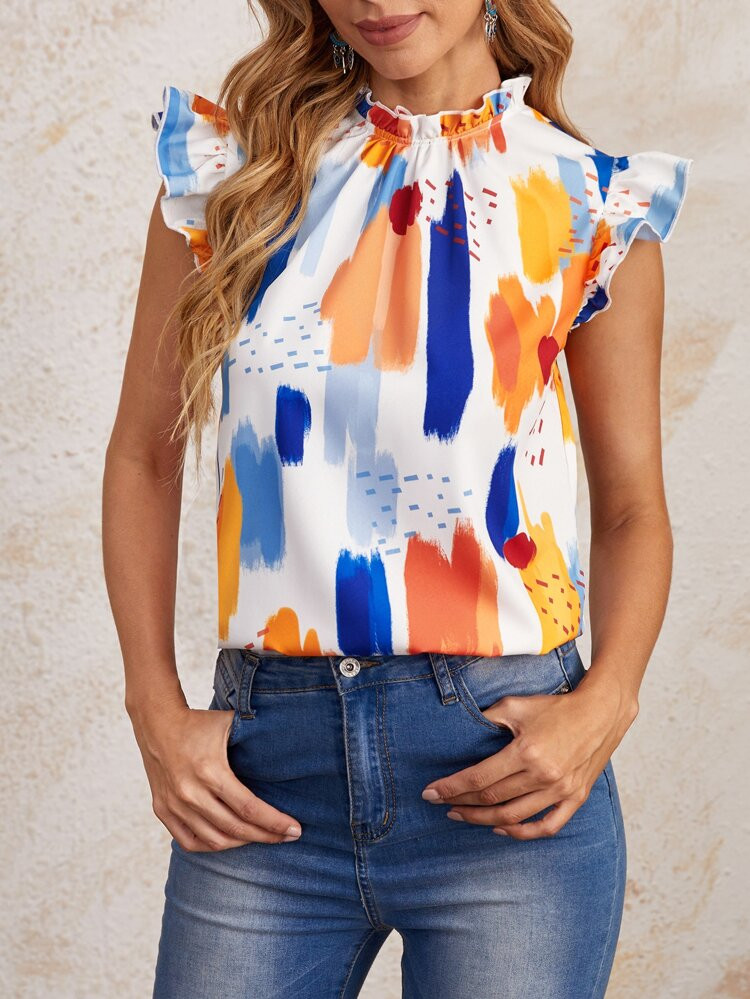 1PC Frill Mock Neck Ruffle Armhole Brush Stroke Print Top | SHEIN