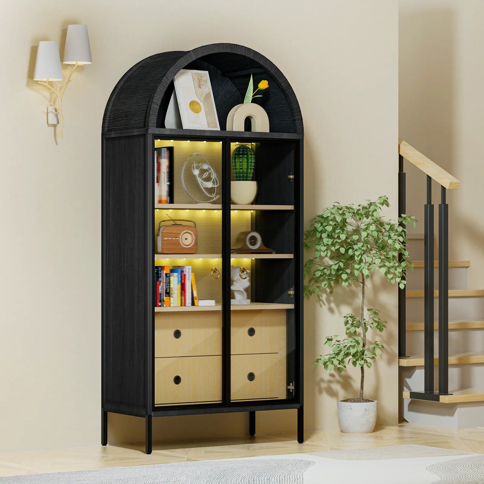 Chilihom Display Cabinet Curio Cabinet with LED Light, Arched Cabinet Bookcase with Glass Doors a... | Walmart (US)