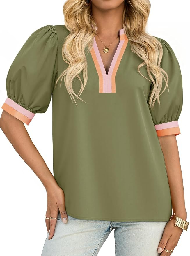 Tankaneo Womens Color Block Puff Sleeve Tops Cotton Blouses Tees Shirts | V Neck Dressy Casual Su... | Amazon (US)