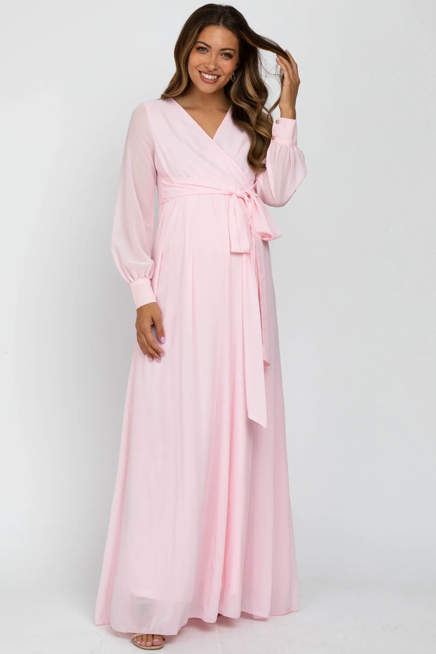 Light Pink Chiffon Long Sleeve Maternity Maxi Dress | PinkBlush Maternity
