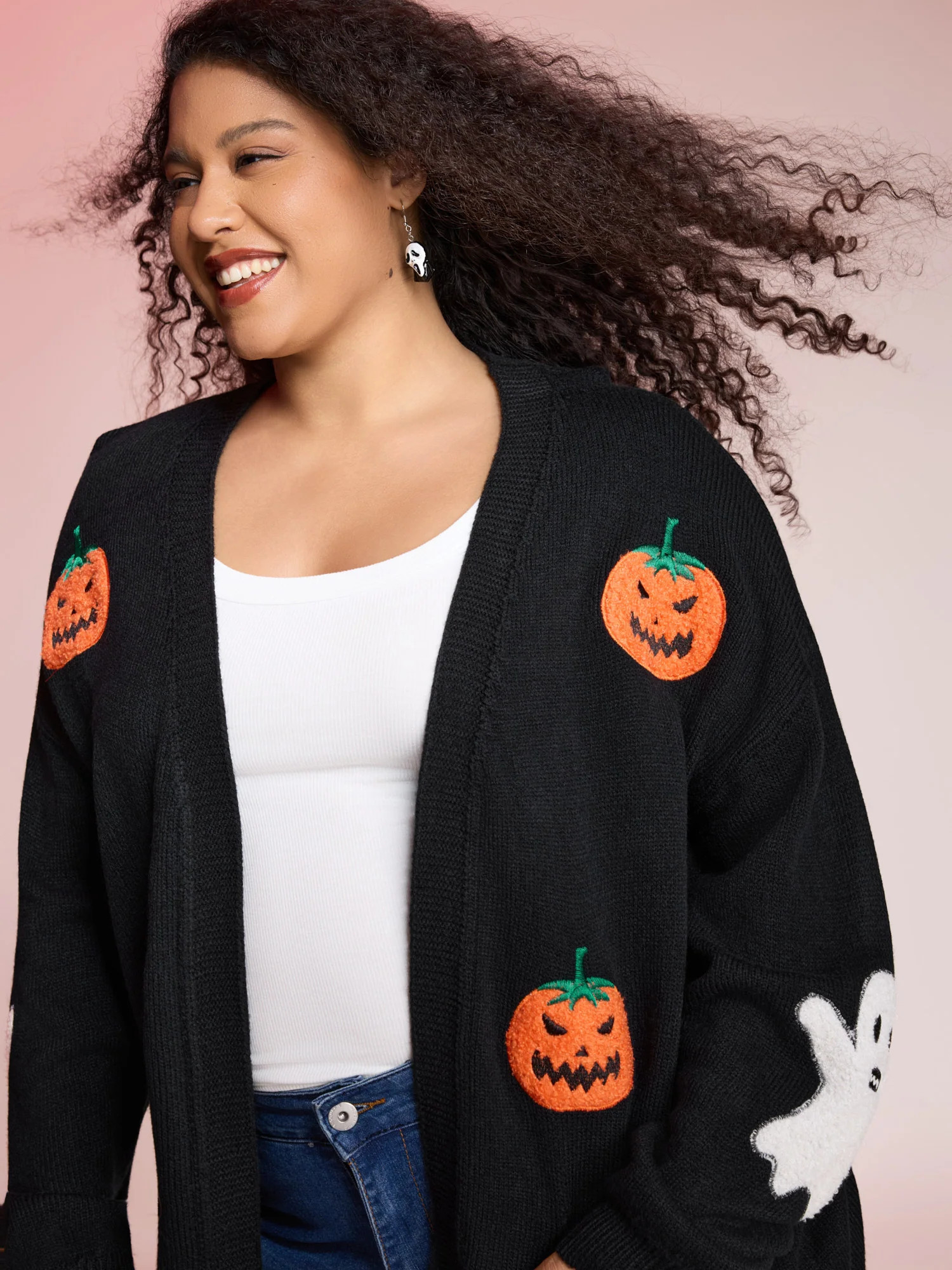 Pumpkin Ghost Embroidery Open Cardigan | Bloomchic