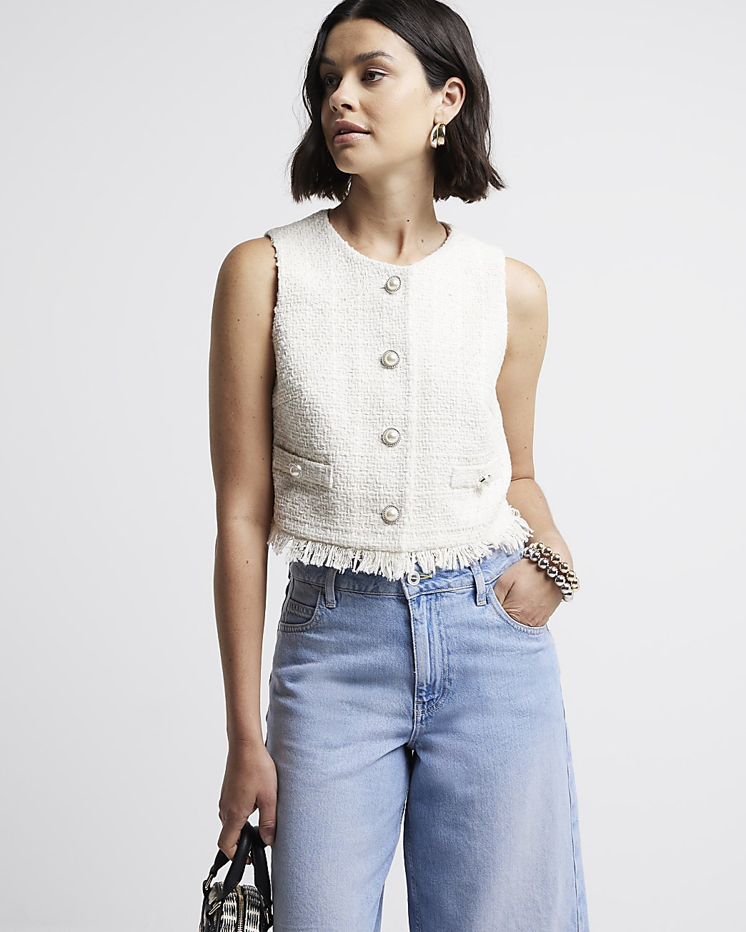 Cream boucle fringe detail waistcoat | River Island (UK & IE)