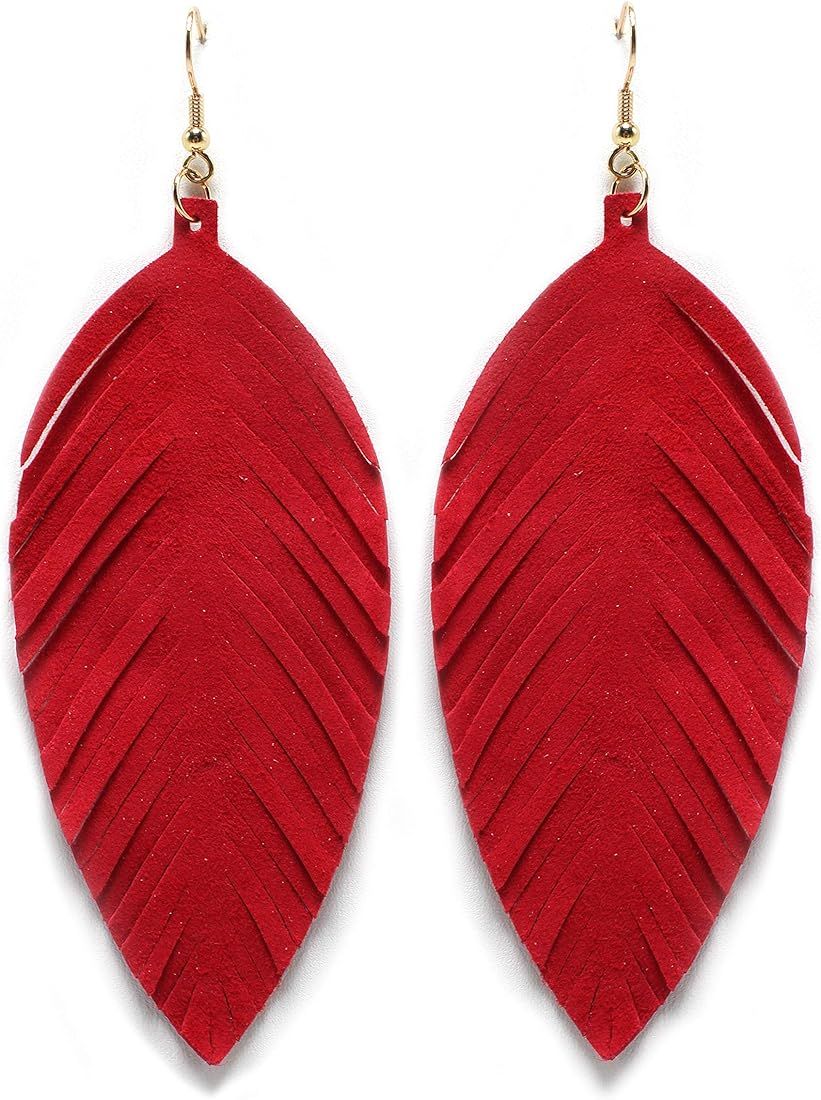 Large Genuine Soft Leather Handmade Fringe Feather Lightweight Tear Drop Dangle Color Earrings fo... | Amazon (US)