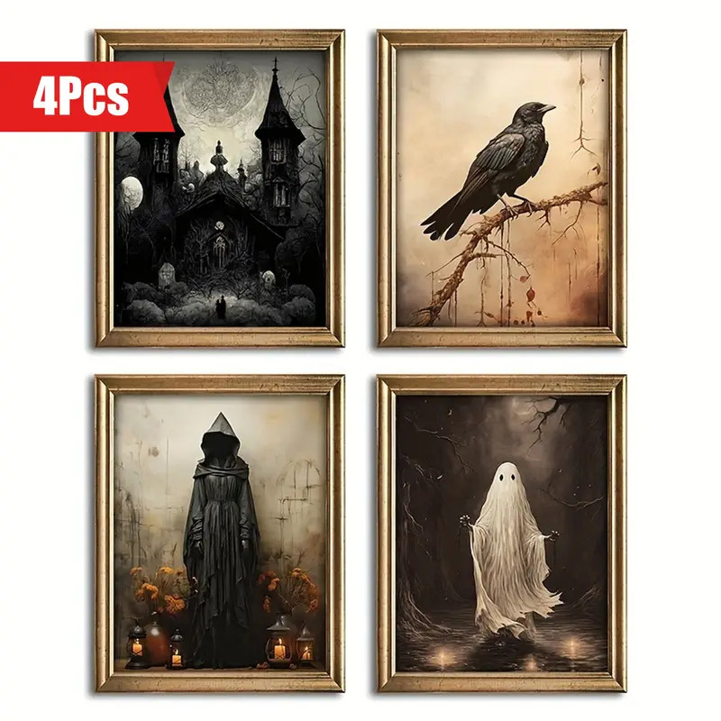 4pcs Haunted House Canvas Poster Set - Captivating Modern Art, Spine-Chilling Halloween Decor, Id... | Temu Affiliate Program