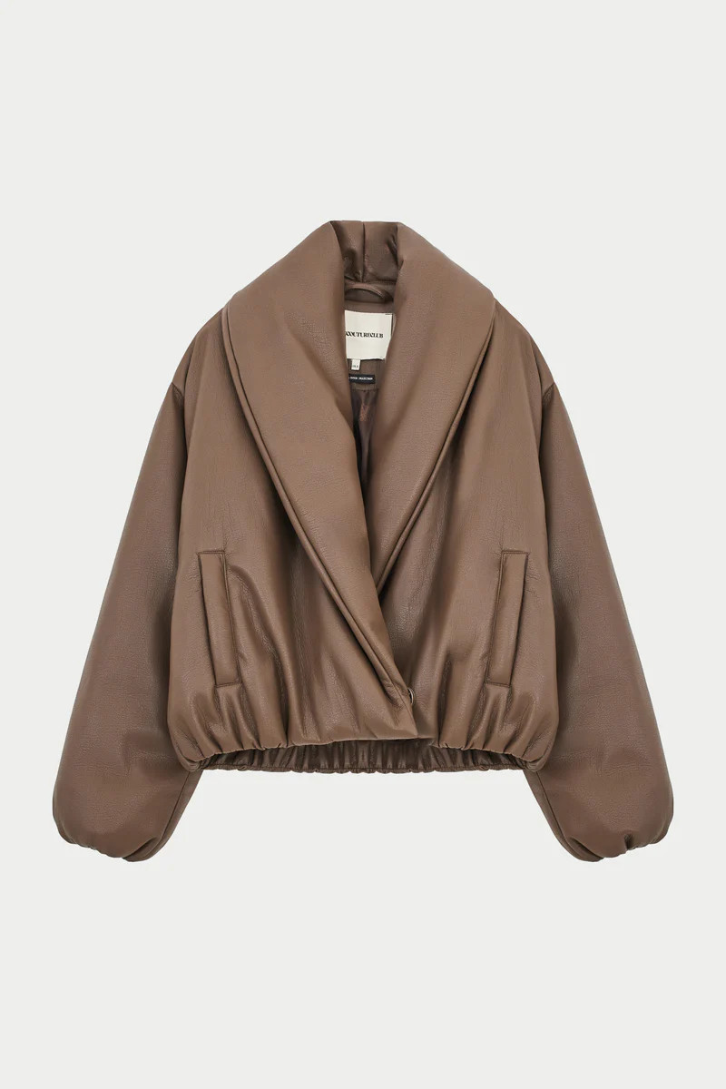 OVERSIZED COLLAR FAUX LEATHER PUFFER COAT - BROWN | The Couture Club