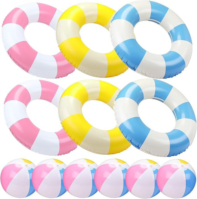 12 Pcs Pool Floats Included 6 Pastel Inflatable Beach Balls and 6 Swimming Rings for Adults, Jumb... | Amazon (US)