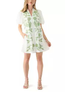 Crown & Ivy™ Petite Puff Sleeve Button Front Embroidered Dress | Belk