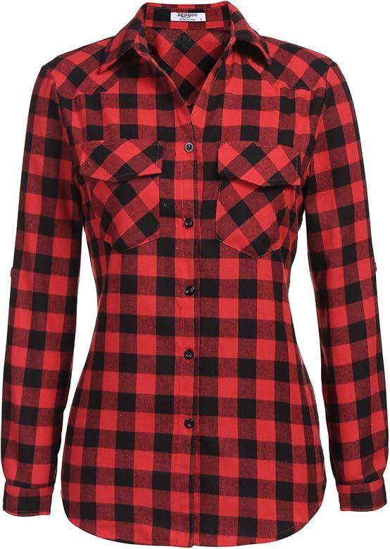 Womens Flannels Long/Roll Up Sleeve Plaid Shirts Cotton Check Gingham Top S-3XL … | Amazon (US)