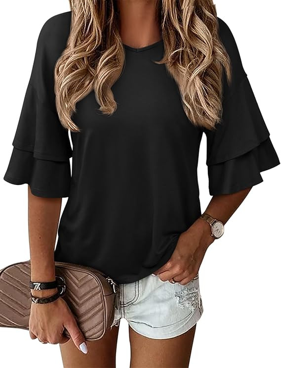 REORIA Shirts for Women's 2026 Ruffle Short Sleeve T Shirts Casual V Neck Cute Tops Fashion Blous... | Amazon (US)