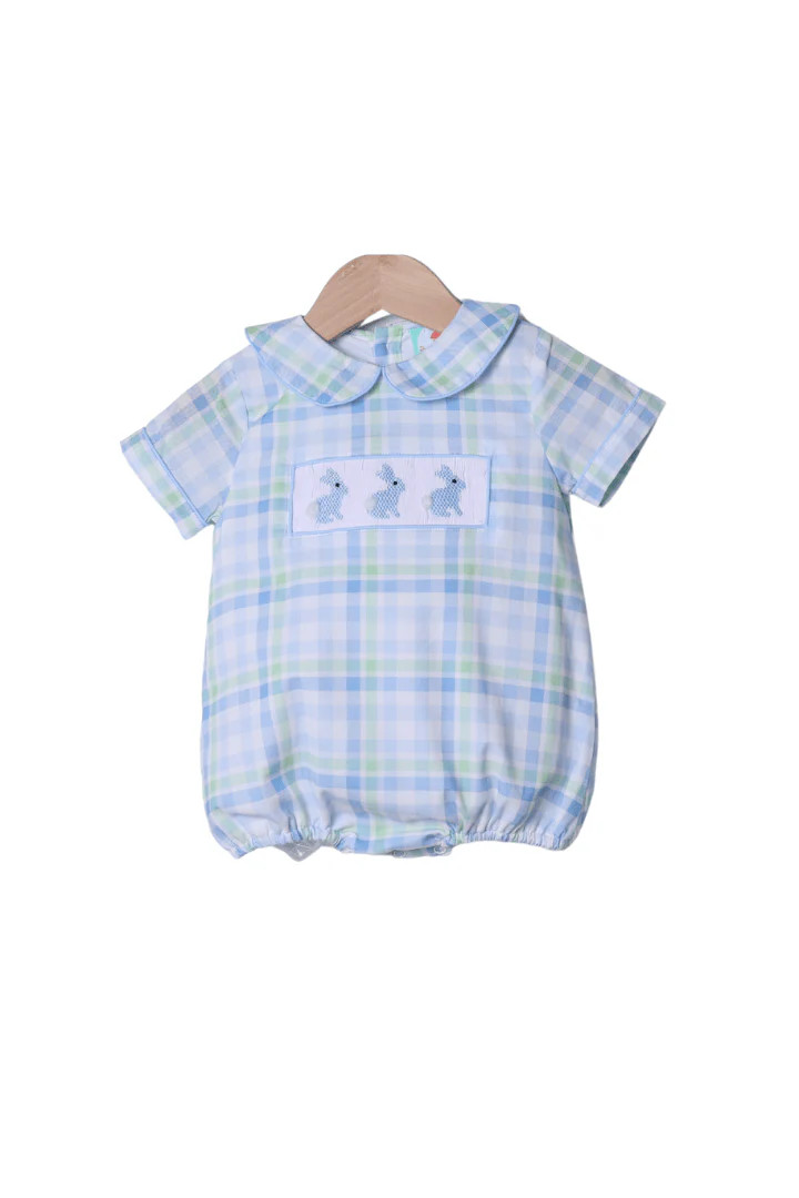 Smocked Bunny Blue and Green Plaid Bubble | The Smocked Flamingo