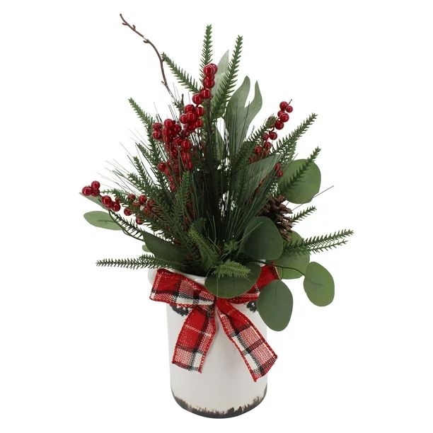 Holiday Time 17” Christmas Artificial Floral Arrangement in White Ceramic Jug, Green - Walmart.... | Walmart (US)