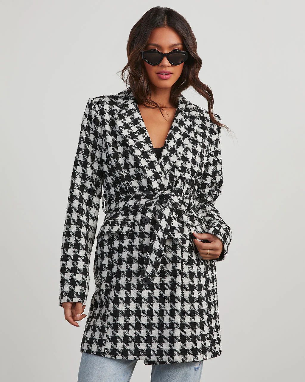 On Your Mark Houndstooth Tie Waist Jacket | VICI Collection