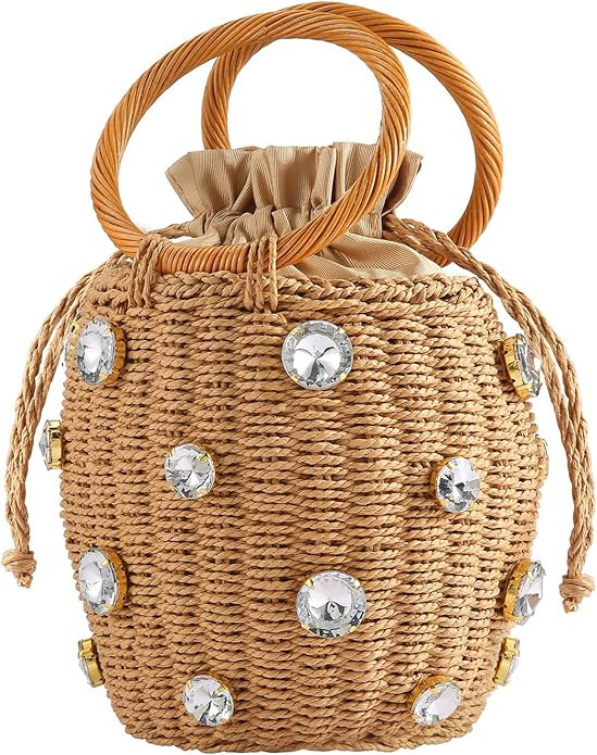 Flower Pearls Rattan Tote Bag Summer Beach Drawstring Straw Bucket Bag Diamonds Woven Handbag | Amazon (US)