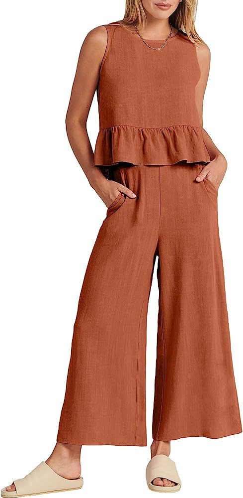 ANRABESS Women's Summer 2 Piece Outfits Sleeveless Tank Crop Top Wide Leg Pants Linen Lounge Matc... | Amazon (US)