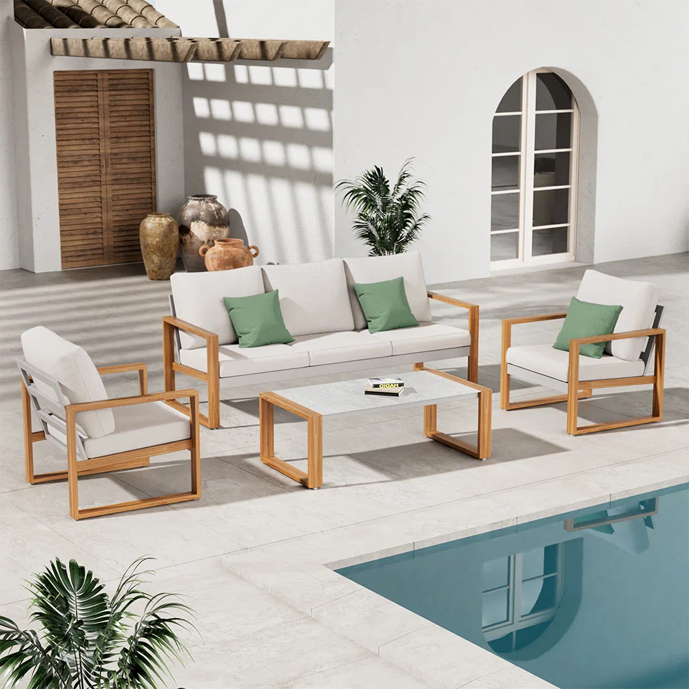 Arunas 5 Person Outdoor Conversation Furniture Set Seating Group With Wood Pattern And Cushions | Wayfair North America