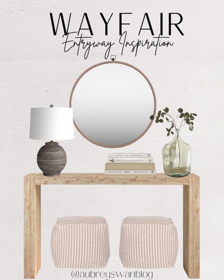 Wayfair entryway inspiration! 

Wayfair finds, way day sale, entryway decor, resin table lamp, modern decorative books, handmade glass table vase, upholstered pouf, metal flat wall mirror, console table 