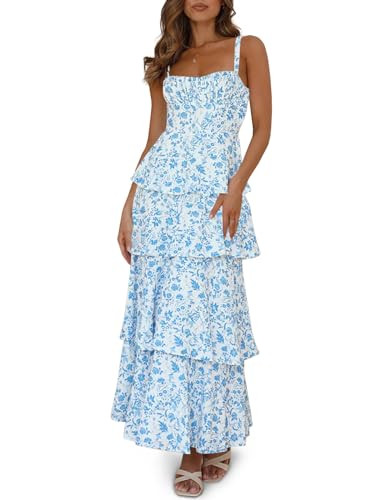 Fisoew Womens Floral Maxi Dresses Spaghetti Strap Casual Sleeveless Ruffle Flowy Tiered Dress | Amazon (US)
