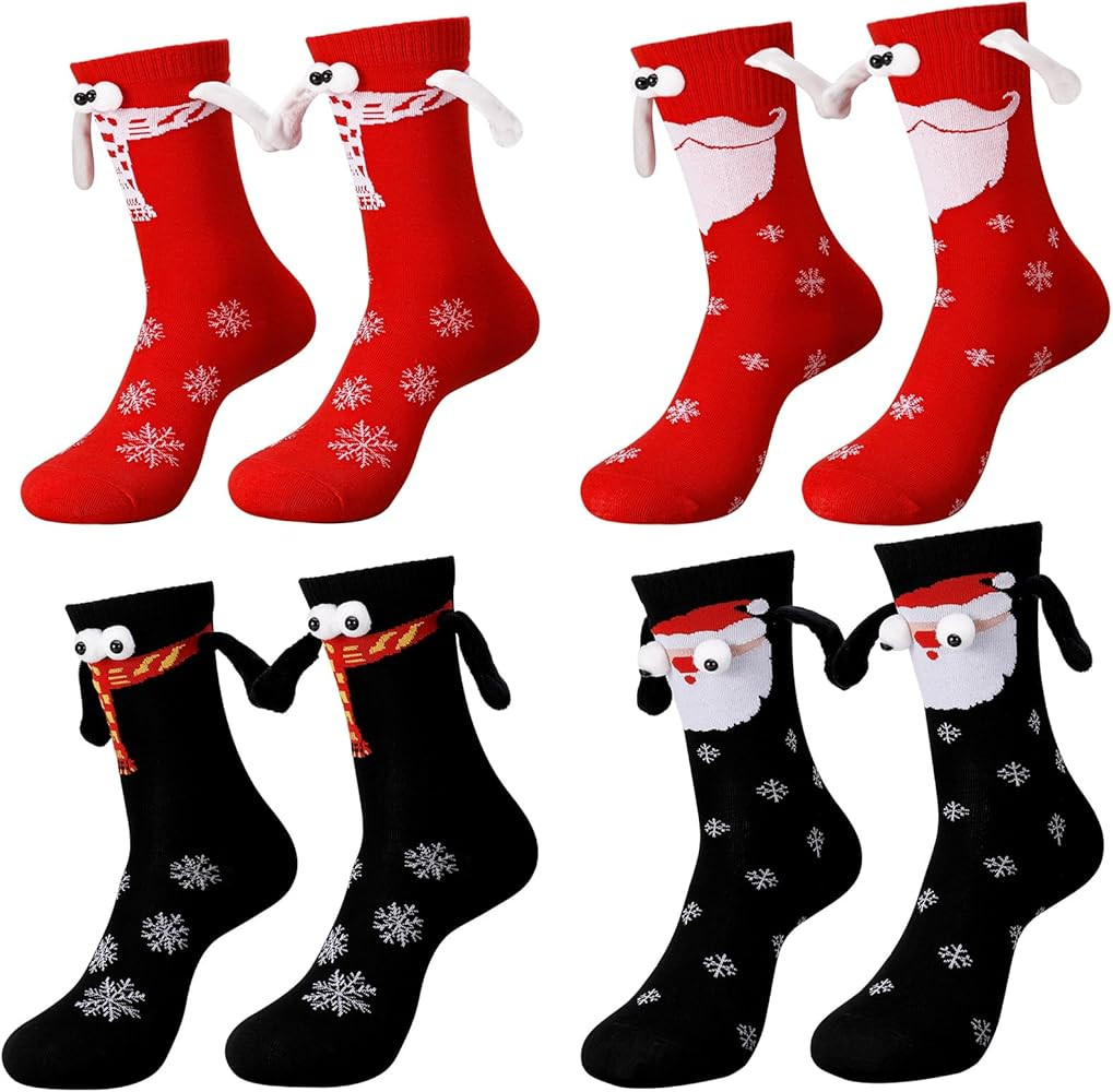 DragonflyDreams 4 Pairs Christmas Holding Hands Socks - Unisex Mid-Tube, Funny Magnetic Suction 3... | Amazon (US)