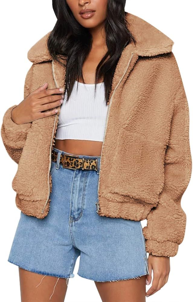 MEROKEETY Women's Sherpa Jacket Lapel Zip Up Fleece Fuzzy Faux Warm Oversized Outwear Coat | Amazon (US)