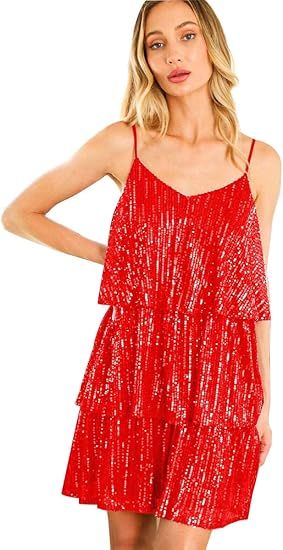 FANSI NOVA Women's Glitter Sequin Dress Adjustable Spaghetti Strap V Neck Fashion Sparkle Layered... | Amazon (US)