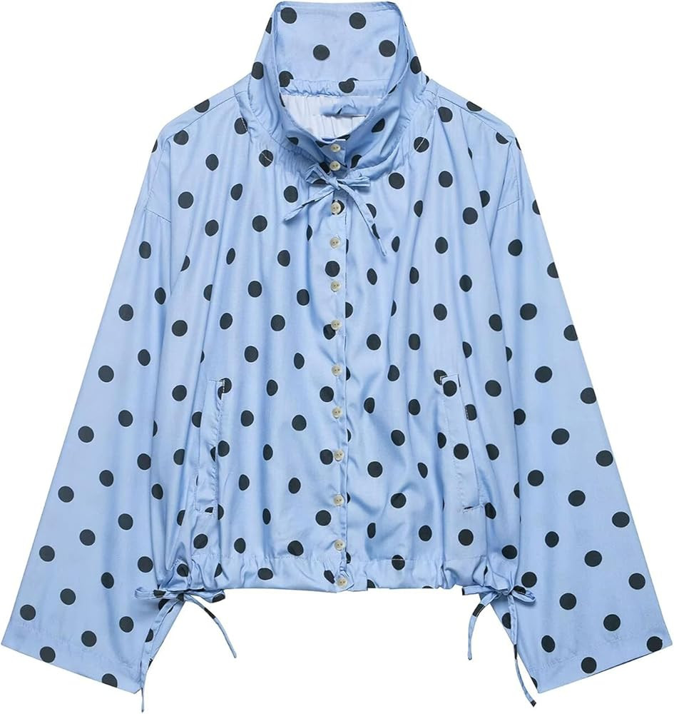 Bozanly Women's Stand Collar Polka Dot Jacket Trendy Long Sleeve Bow Hem Button Down Oversized Sh... | Amazon (US)