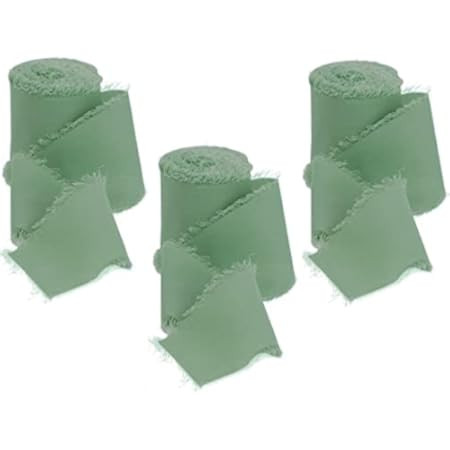 Vitalizart 3 Rolls Handmade Fringe Chiffon Silk Ribbon 1.5" x 7Yd Sage Green Ribbons Set for Wedding | Amazon (US)