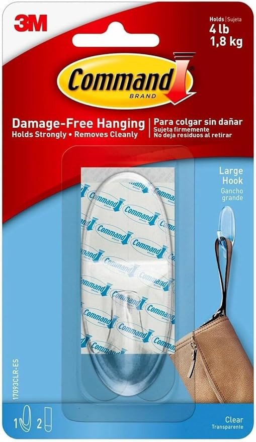 3M Command 17093CLRES Adhesive Hanging Hook, Large, Holds 4lbs, Clear | Amazon (US)