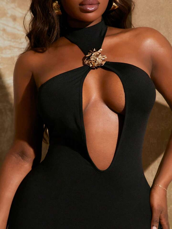 SHEIN SXY Plus Size Women Metal Clasp Decor Open Front High Collar Necktie Fitted Mermaid Skirt, Suitable For Everyday Wear, Music Festival, Concert, Carnival Party, Beach Vacation, Date Night, Birthday, Bachelorette Party Outfit, Club, Cute, Casual, Shopping, Streetwear, Going Out, Easy To Match & Looks Slim, Accent Your Body, Flatter The Figure | SHEIN