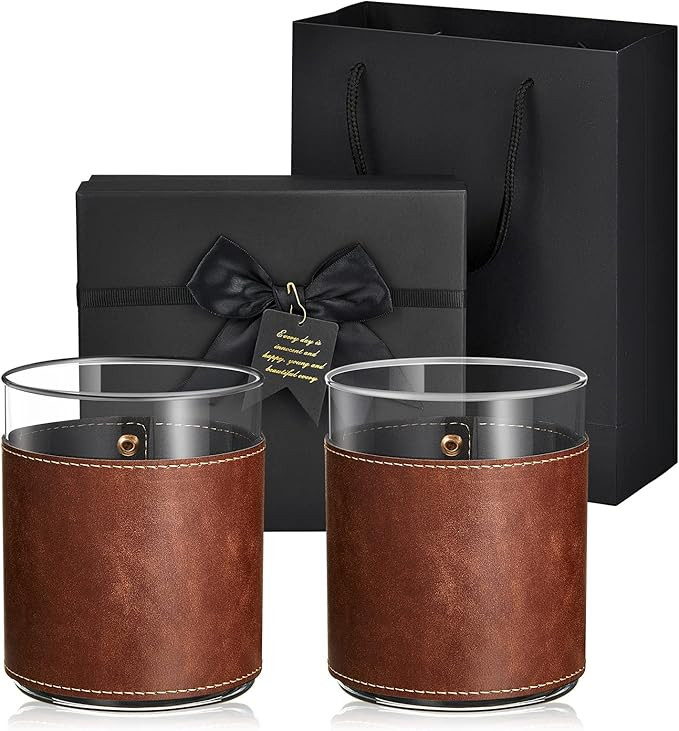 2 Sets Leather Rocks Glasses 11.5 oz Leather Wrapped Whiskey Glasses with Gift Box Glass Sleeve B... | Amazon (US)