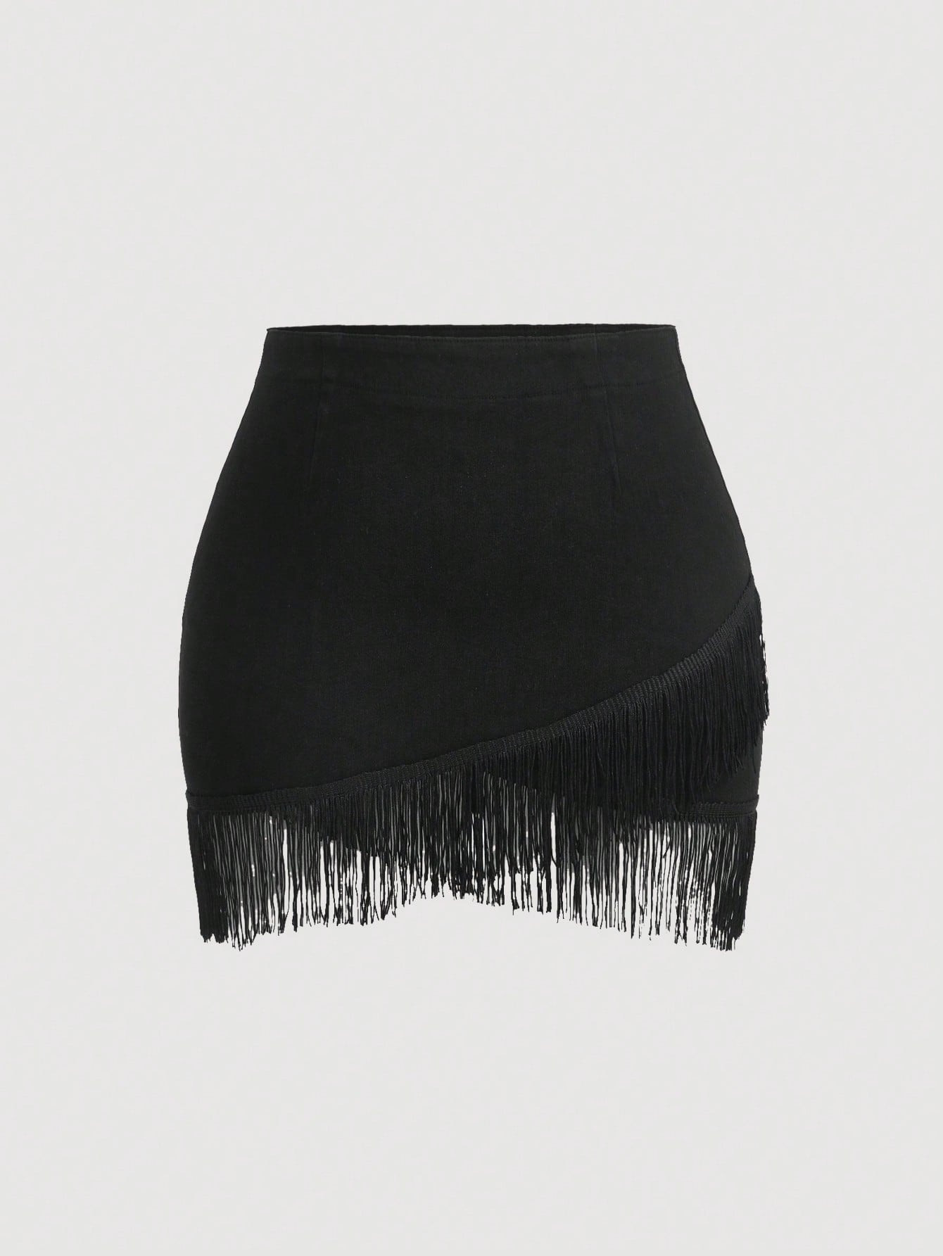 SHEIN MOD Plus Fringe Trim Wrap Denim Skirt | SHEIN
