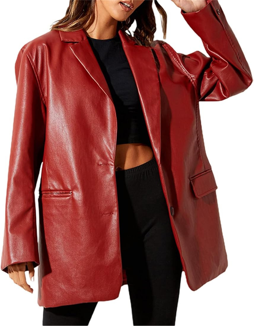 Yuemengxuan Women Faux Leather Blazer Vintage Lapel Boyfriend PU Jacket Long Sleeve Button Down T... | Amazon (CA)