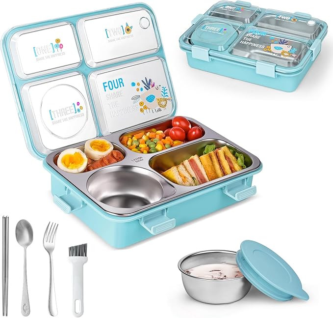 Stainless Steel Adult Lunch Box, 28.7oz 4-Compartment Cute Bento Box Kids Snack Containers with 5... | Amazon (US)
