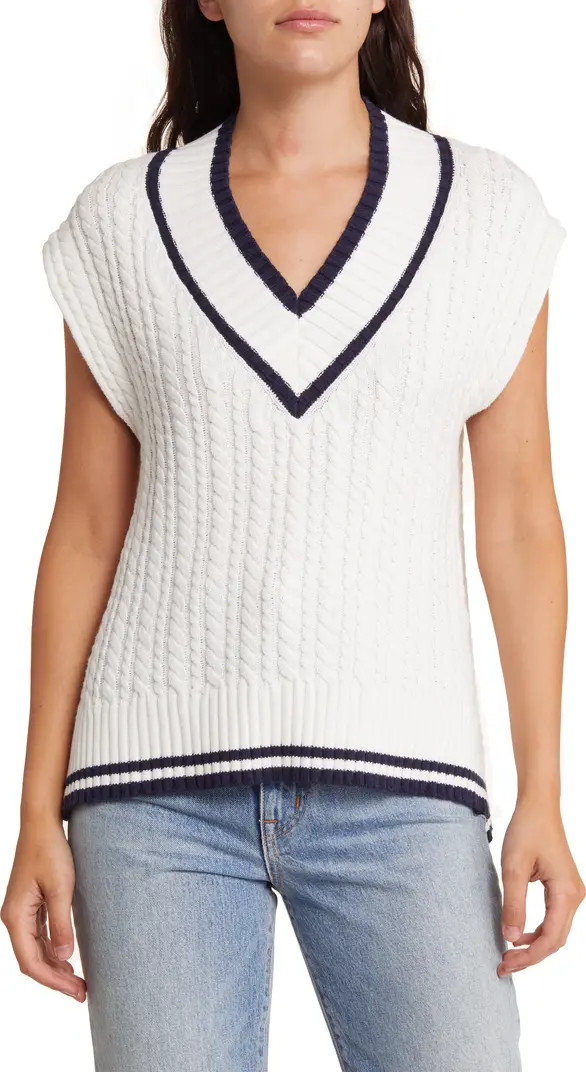 Mozart Cable Stitch Cap Sleeve V-Neck Sweater | Nordstrom
