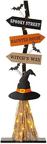 Glitzhome 42"H Lighted Wooden Witch's Broom Porch Decor, Halloween Yard Sign for Home | Amazon (US)
