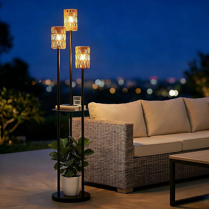 Solar Outdoor Floor Lamp Waterproof, Cordless Outdoor Lamps for Patio with Shelves Plant Stand, R... | Amazon (US)