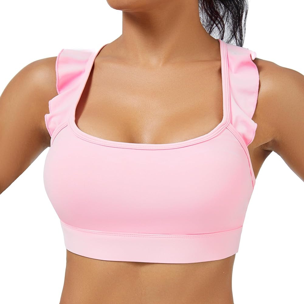 Women's Sports Bras Ruffled Y Back Padded Racerback Supportive Workout Yoga Bra | Amazon (US)