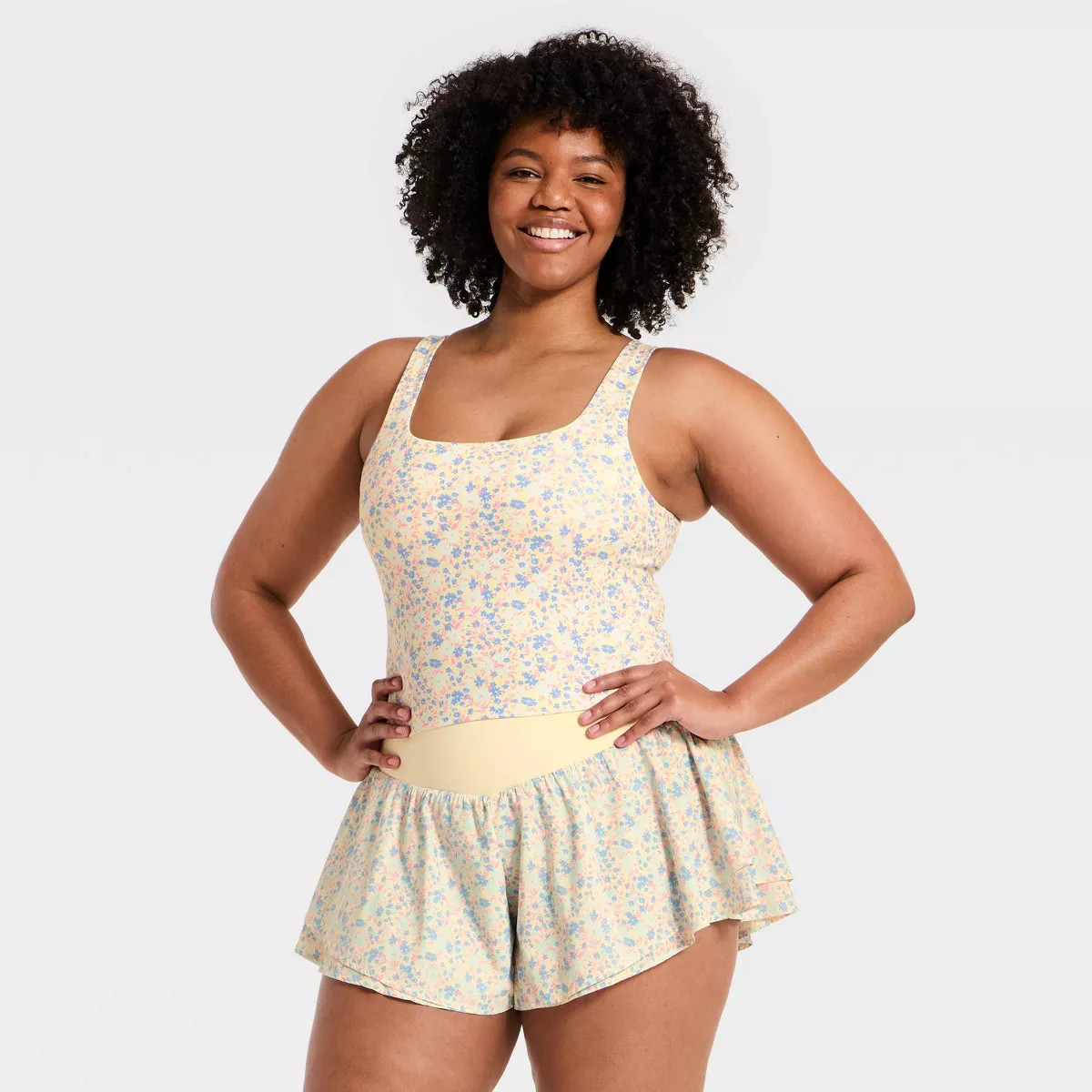 Women's Super Flex Square Neck Ultra Cropped Tank Top - All In Motion™ Yellow Floral Print S | Target
